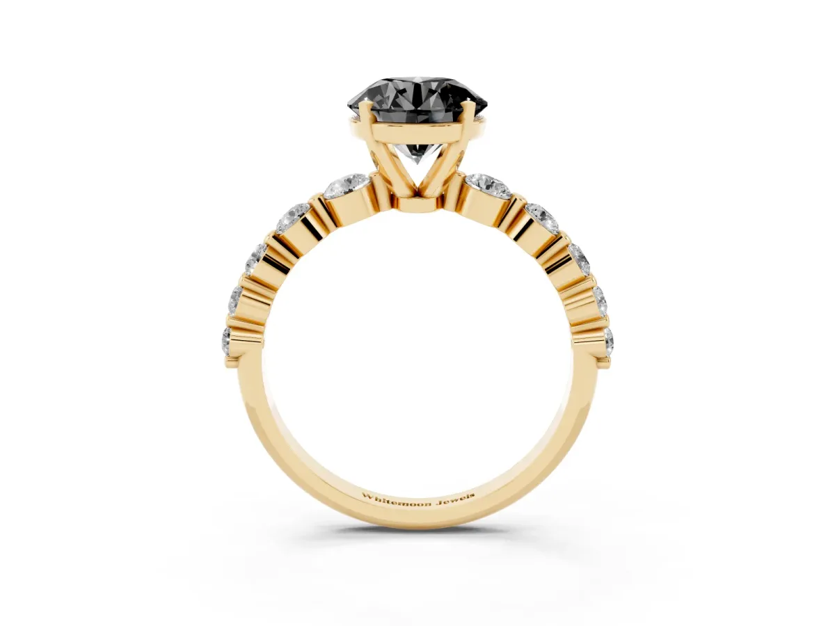 Fancy Black Round Cut Solitaire Diamond Ring with Pave Band and Four-Prong Setting Yellow gold