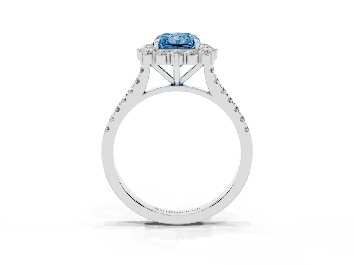 Fancy Blue Radiant Cut Halo Diamond Ring with Pavé Band and Prong Setting Silver