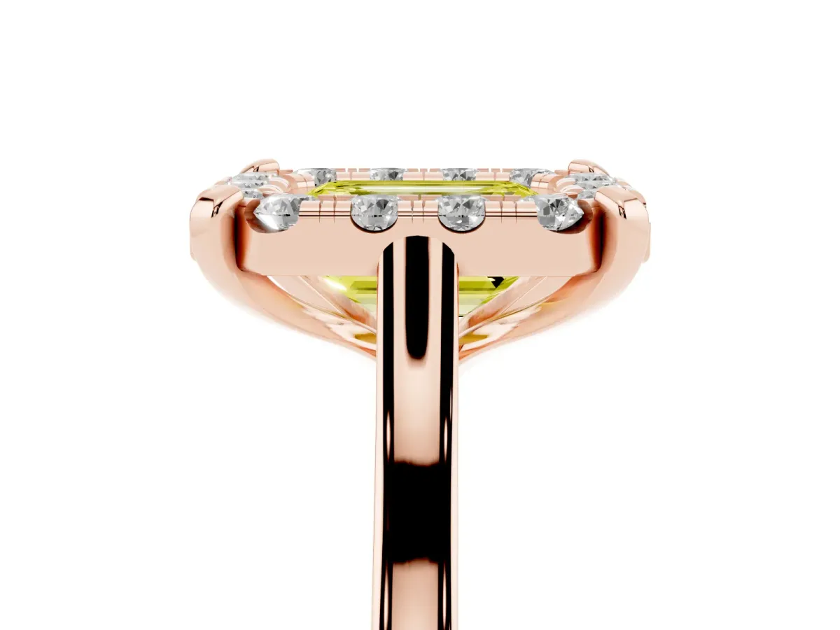 Fancy Yellow Emerald Cut Diamond Cluster Halo Solitaire with Four-Prong Setting Rose gold