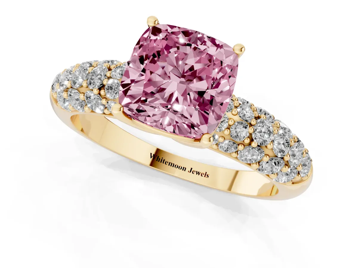Fancy Pink Cushion Cut Diamond Pavé Band Solitaire Ring with Four-Prong Setting Yellow gold