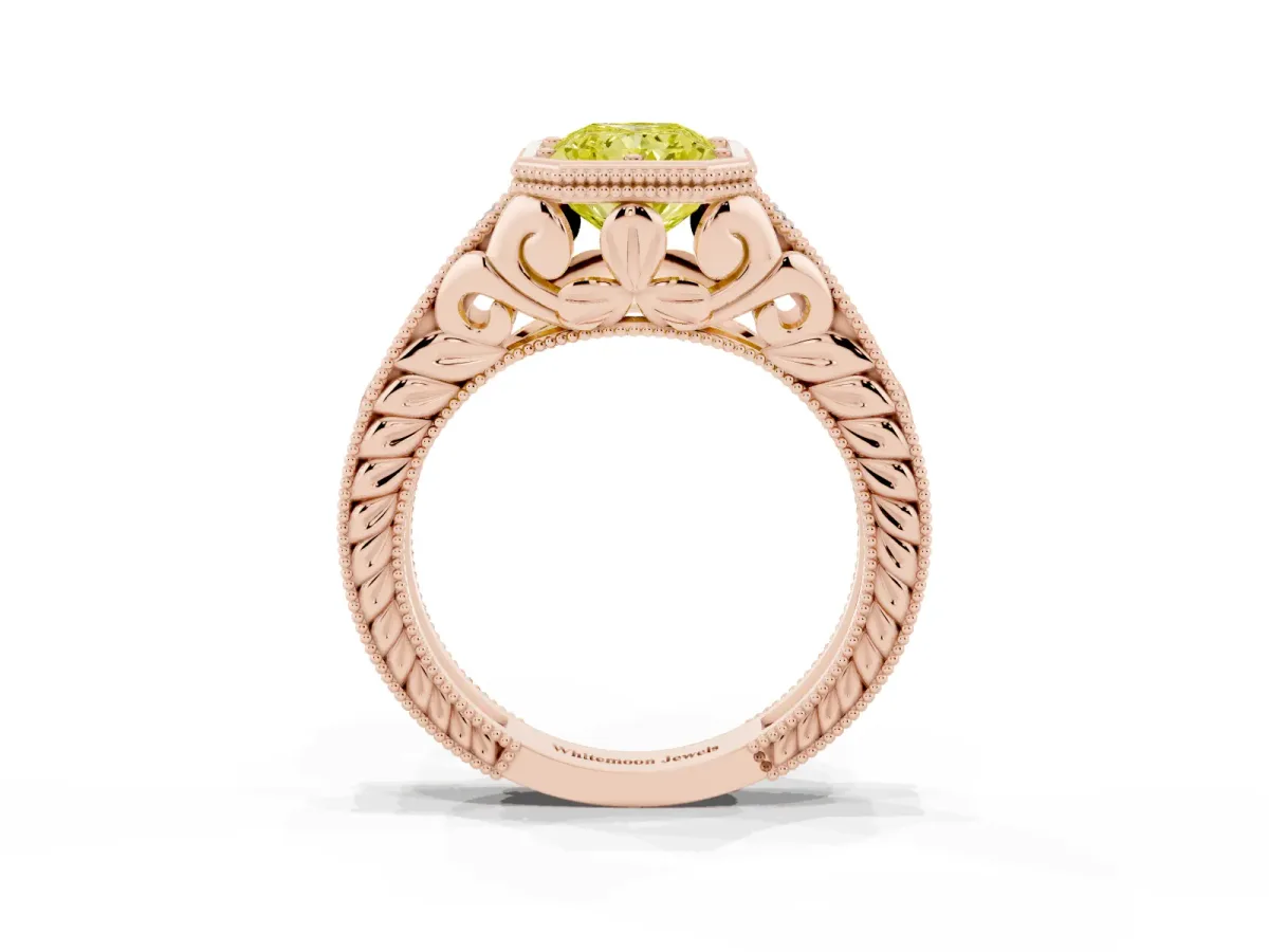Fancy Yellow Bezel Set Radiant Cut Diamond Milgrain Pave Engagement Ring Rose gold