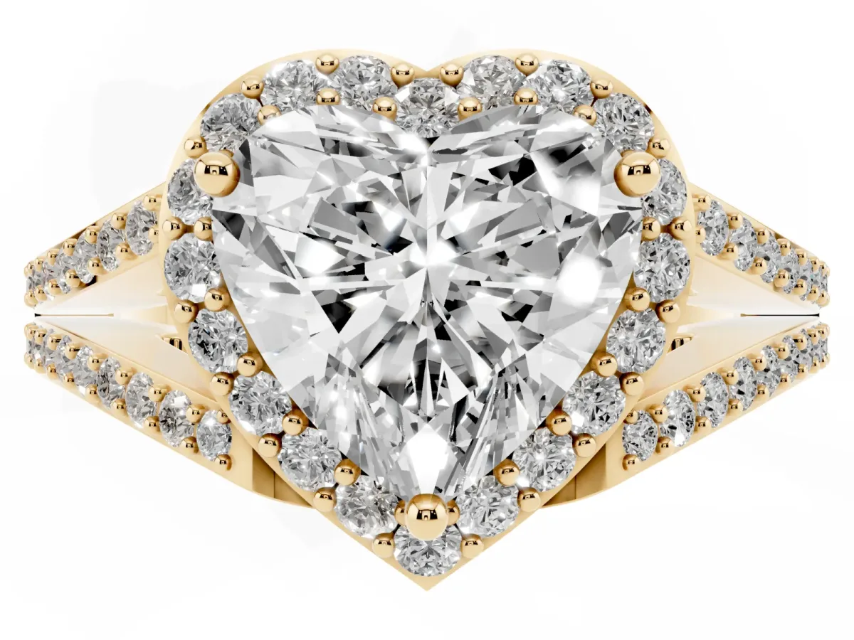 Heart Cut Halo Split Shank Pave Diamond Ring with Four-Prong Setting Yellow gold