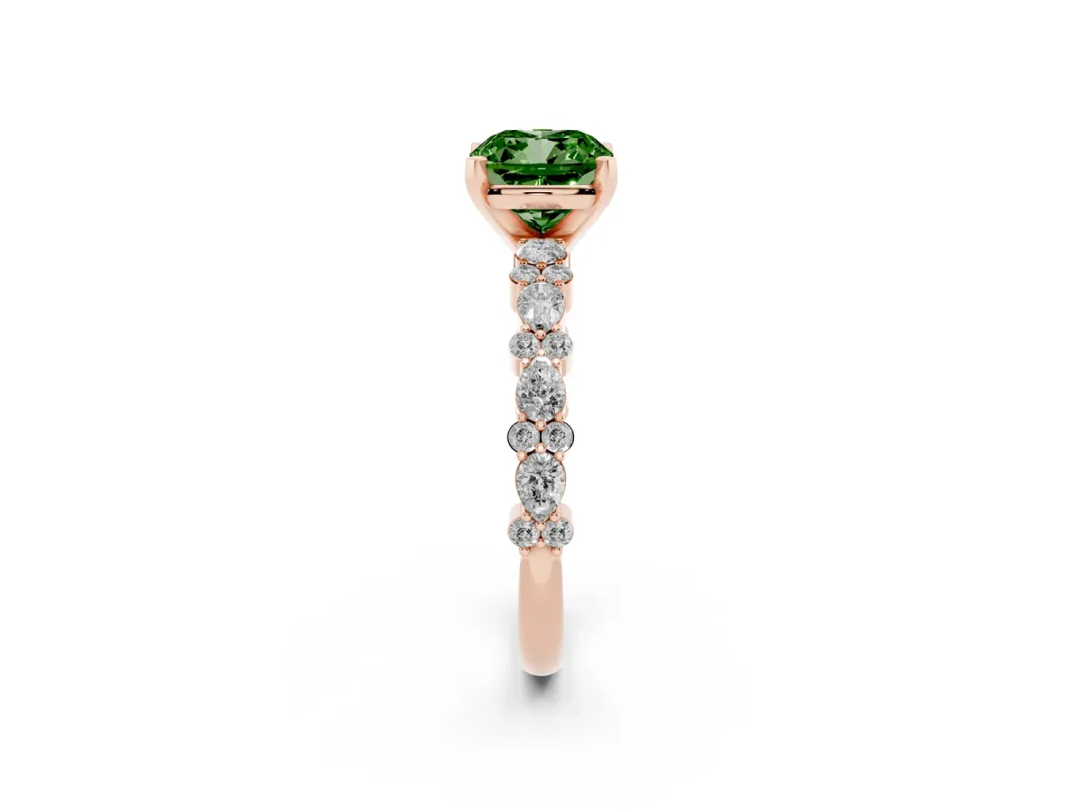 Fancy Green Cushion Cut Diamond Side Stone Solitaire Ring with Round and Four-Prong Setting Rose gold