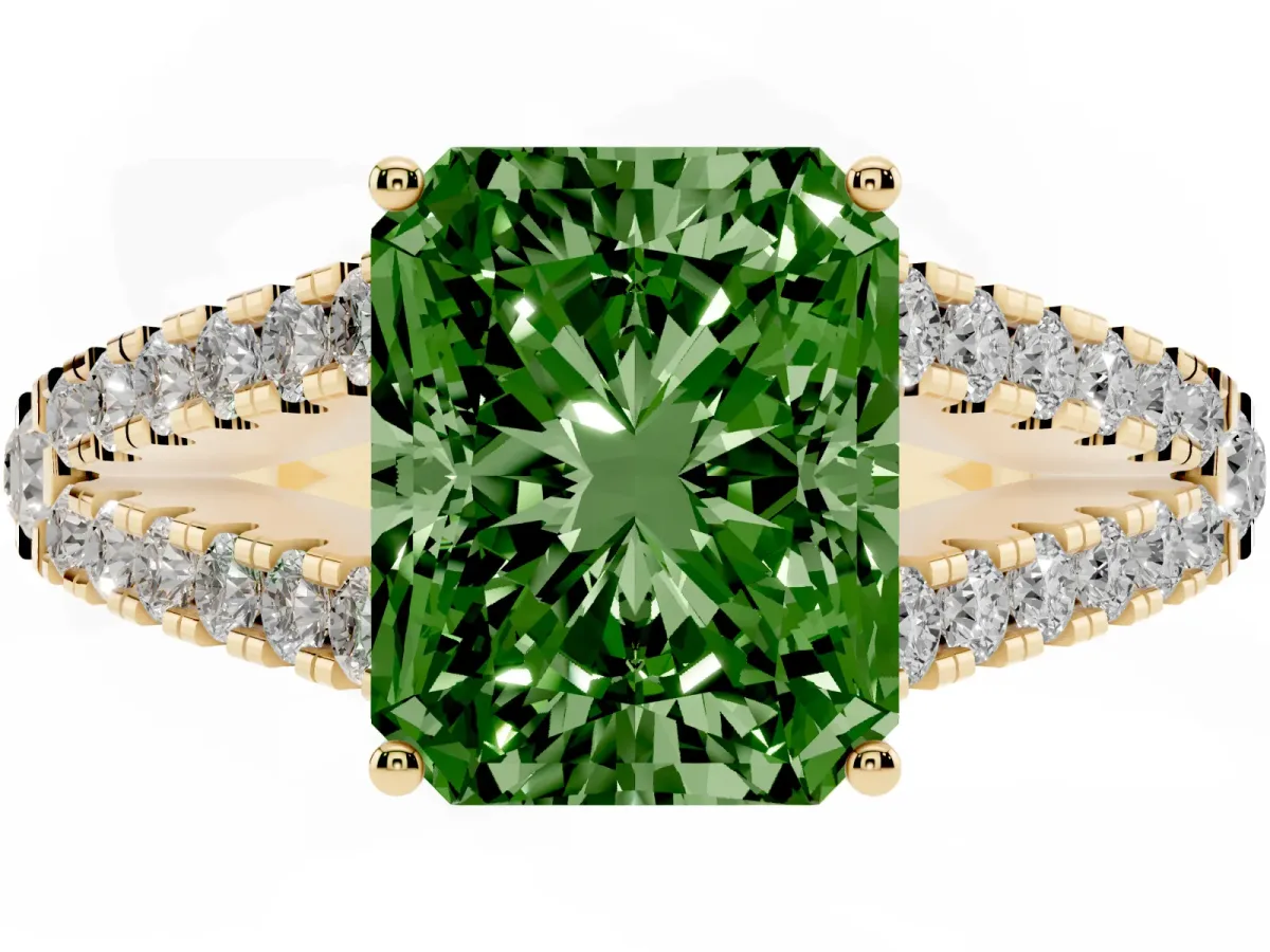 Fancy Green Radiant Cut Diamond Split Shank Pavé Engagement Ring with Four-Prong Setting Yellow gold