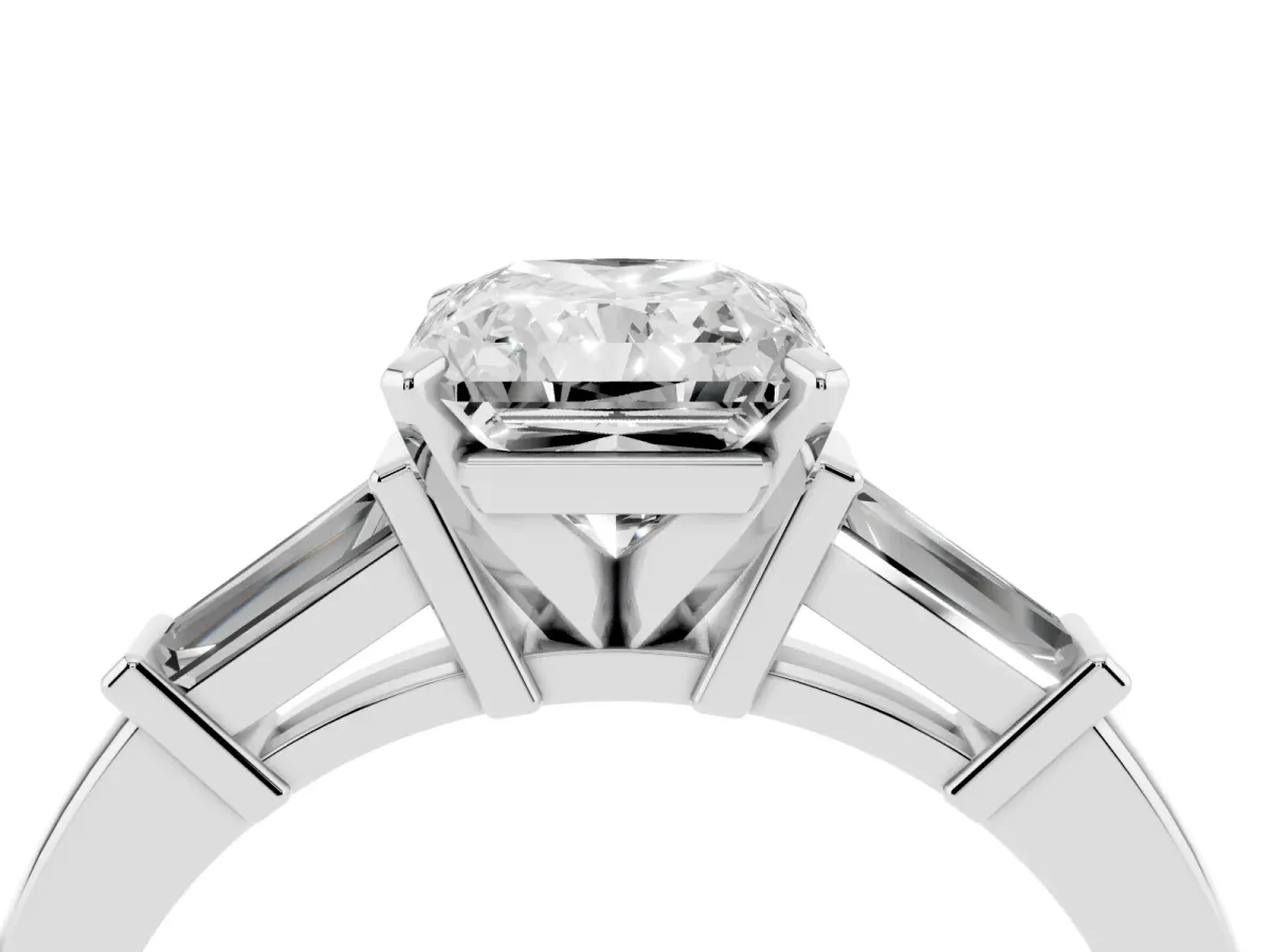 Radiant Cut Cut Diamond Solitaire Ring with Tapered Baguette Accents and Four-Prong Setting Silver