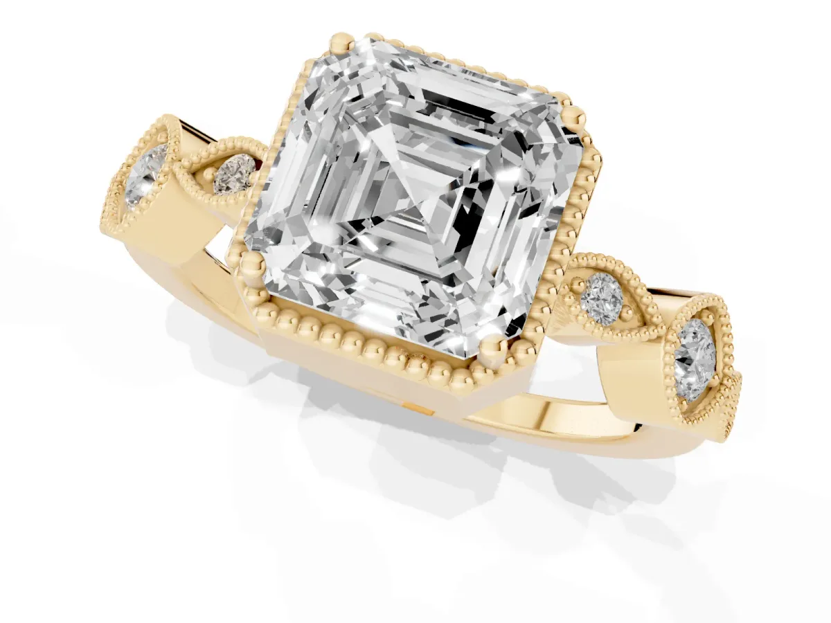 Asscher Cut Diamond Vintage Milgrain Ring with Round Stations Yellow gold