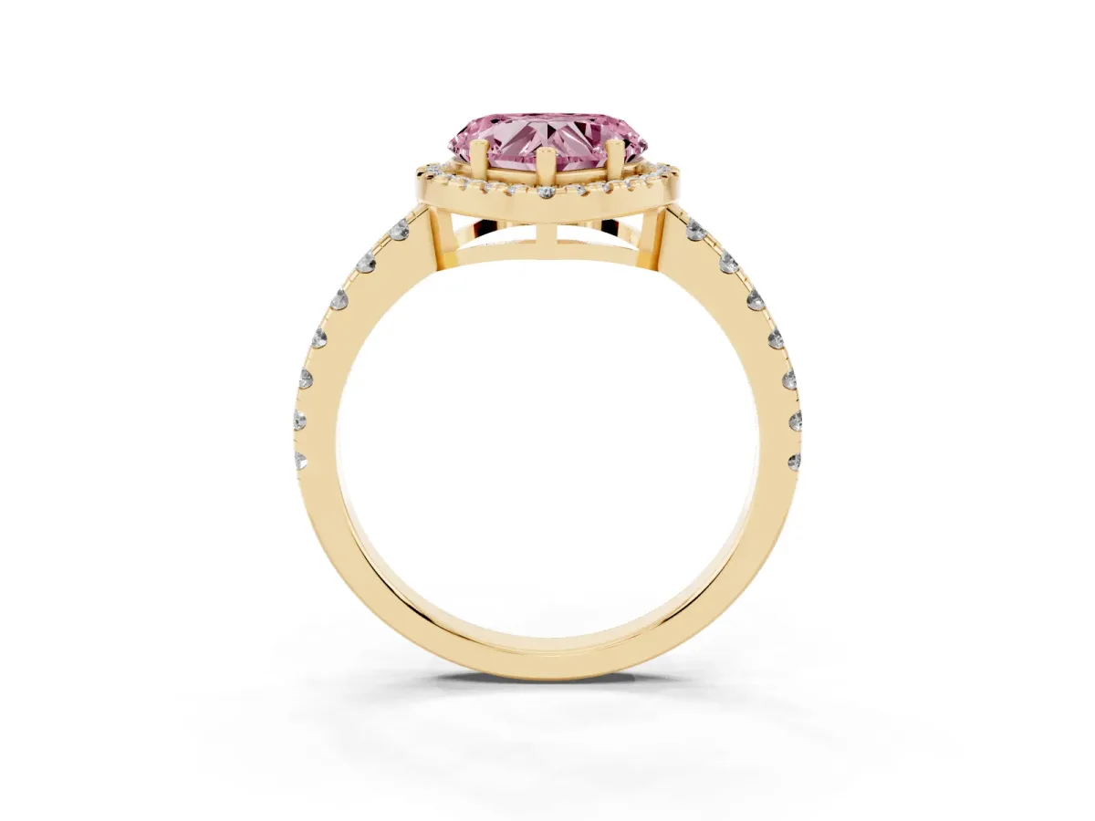 Fancy Pink Heart Cut Diamond Halo Ring with Pavé Band and Four-Prong Setting Yellow gold