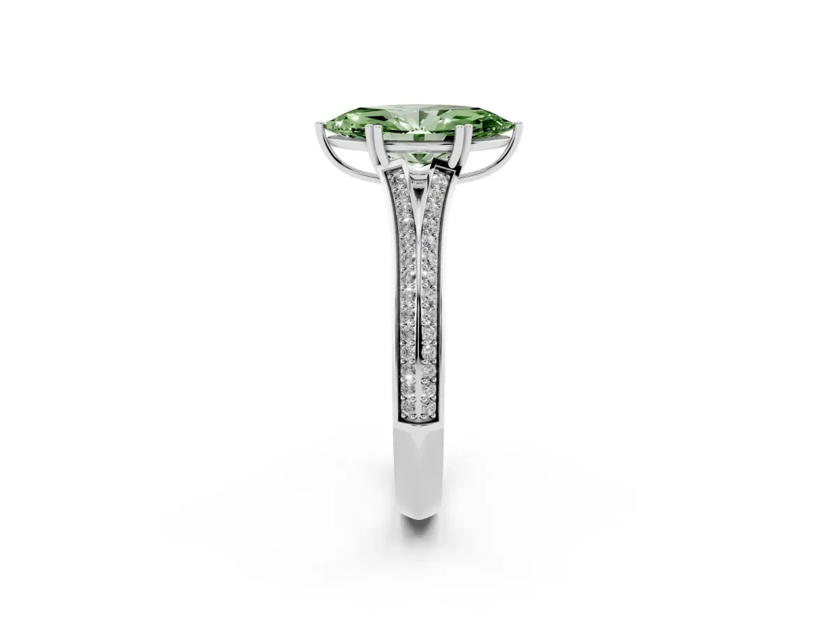 Fancy Green Marquise Cut Diamond Split Shank Engagement Ring with Pavé Band Silver