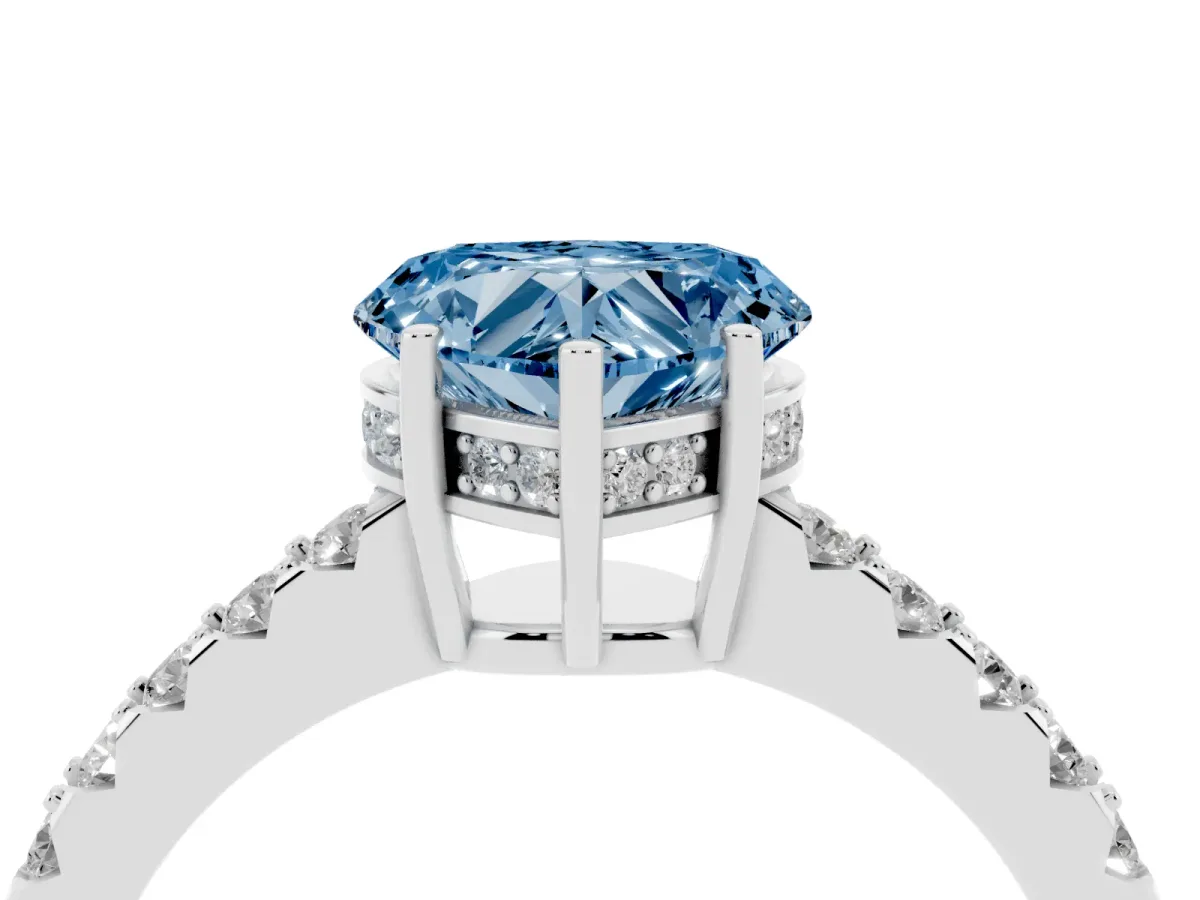 Fancy Blue Heart Cut Solitaire Diamond Engagement Ring with Pavé Band and Six-Prong Setting Silver