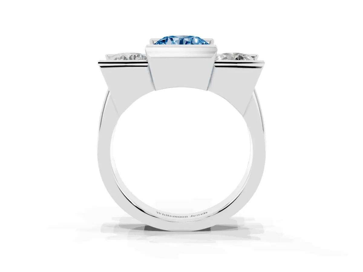 Fancy Blue Three Stone Round Cut Cut Channel Set Diamond Ring Platinum