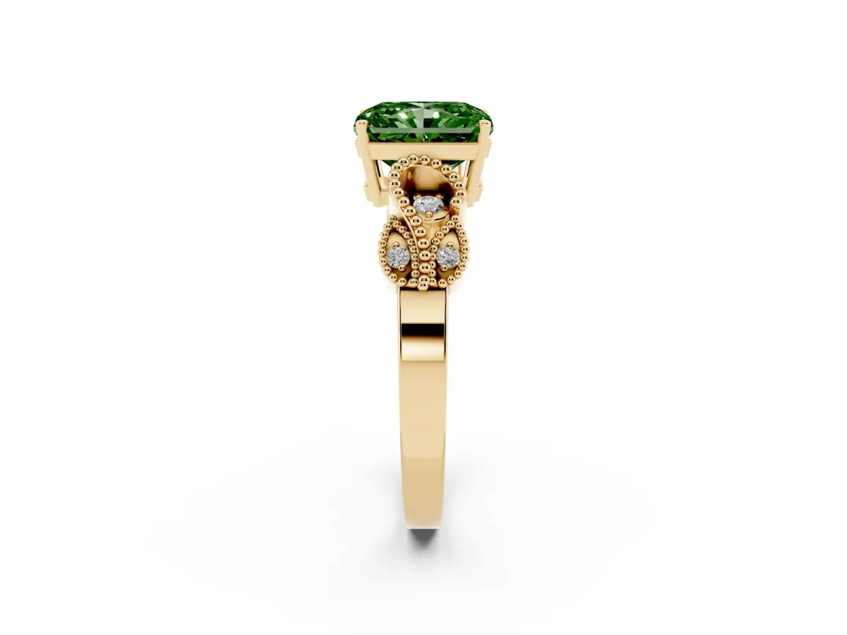 Fancy Green Princess Cut Solitaire Milgrain Leaf Band with Prong Setting Yellow gold