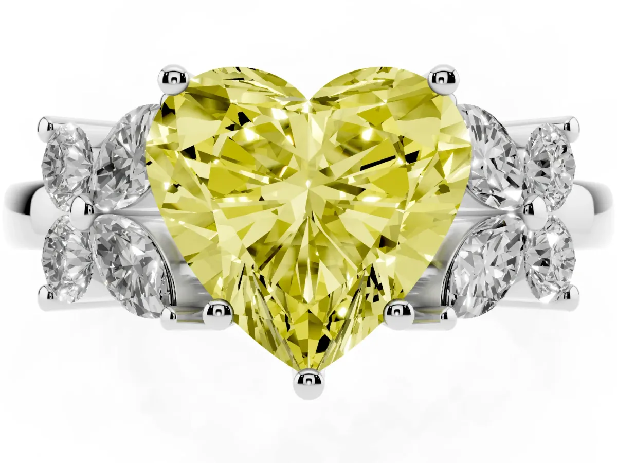 Fancy Yellow Heart Cut Diamond Floral Cluster Ring with Solitaire Band and Prong Setting Silver