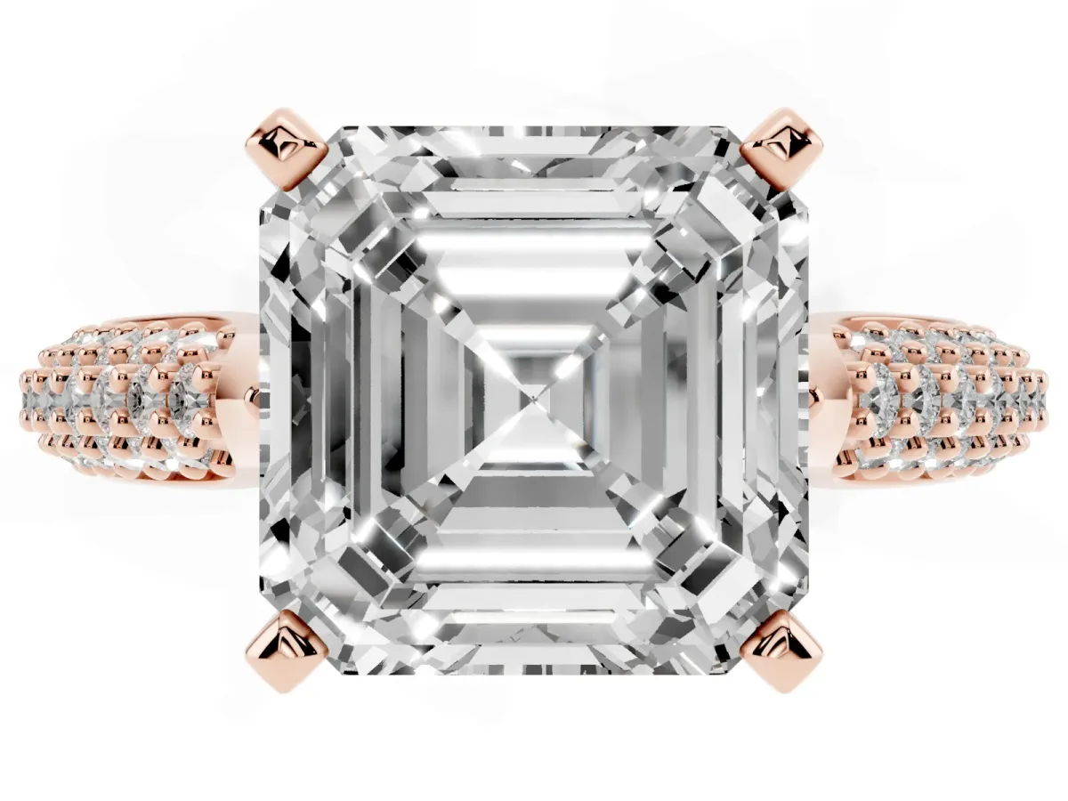 Asscher Cut Diamond Solitaire Engagement Ring with Multi-Row Round Pavé Band and Prong Setting Rose gold