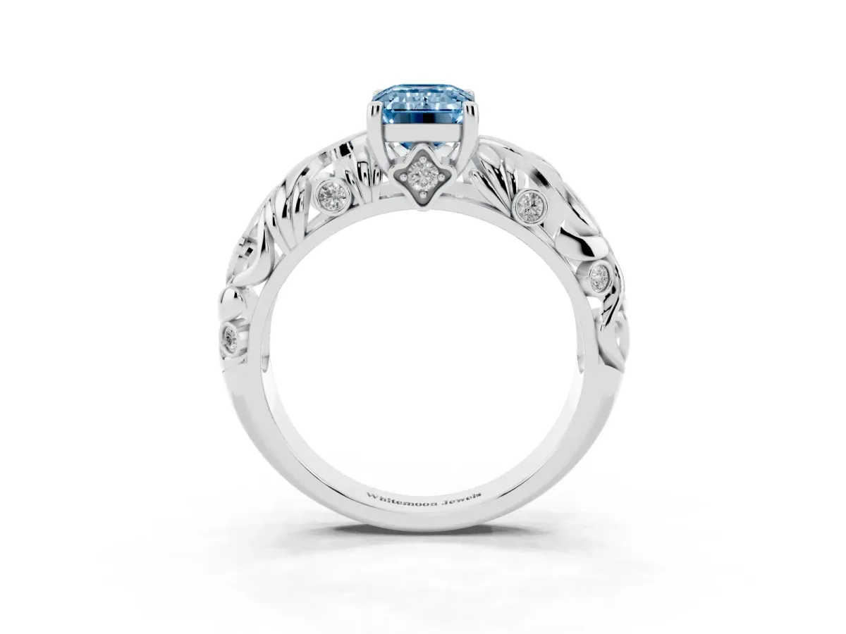 Fancy Blue Emerald Cut Solitaire Diamond Leaf-Inspired Vine Band Ring with Prong Setting Platinum