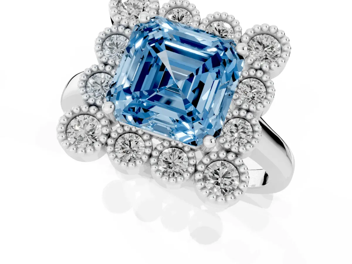 Fancy Blue Asscher Cut Halo Diamond Cluster Engagement Ring with Milgrain Bezel Setting and Solitaire Band Silver