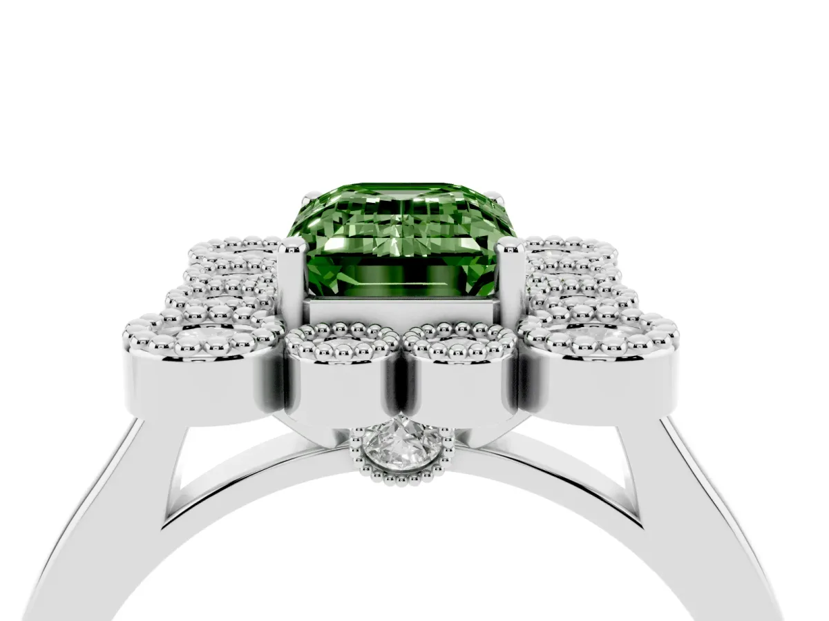 Fancy Green Emerald Cut Halo Diamond Cluster Engagement Ring with Milgrain Bezel Setting and Solitaire Band Platinum