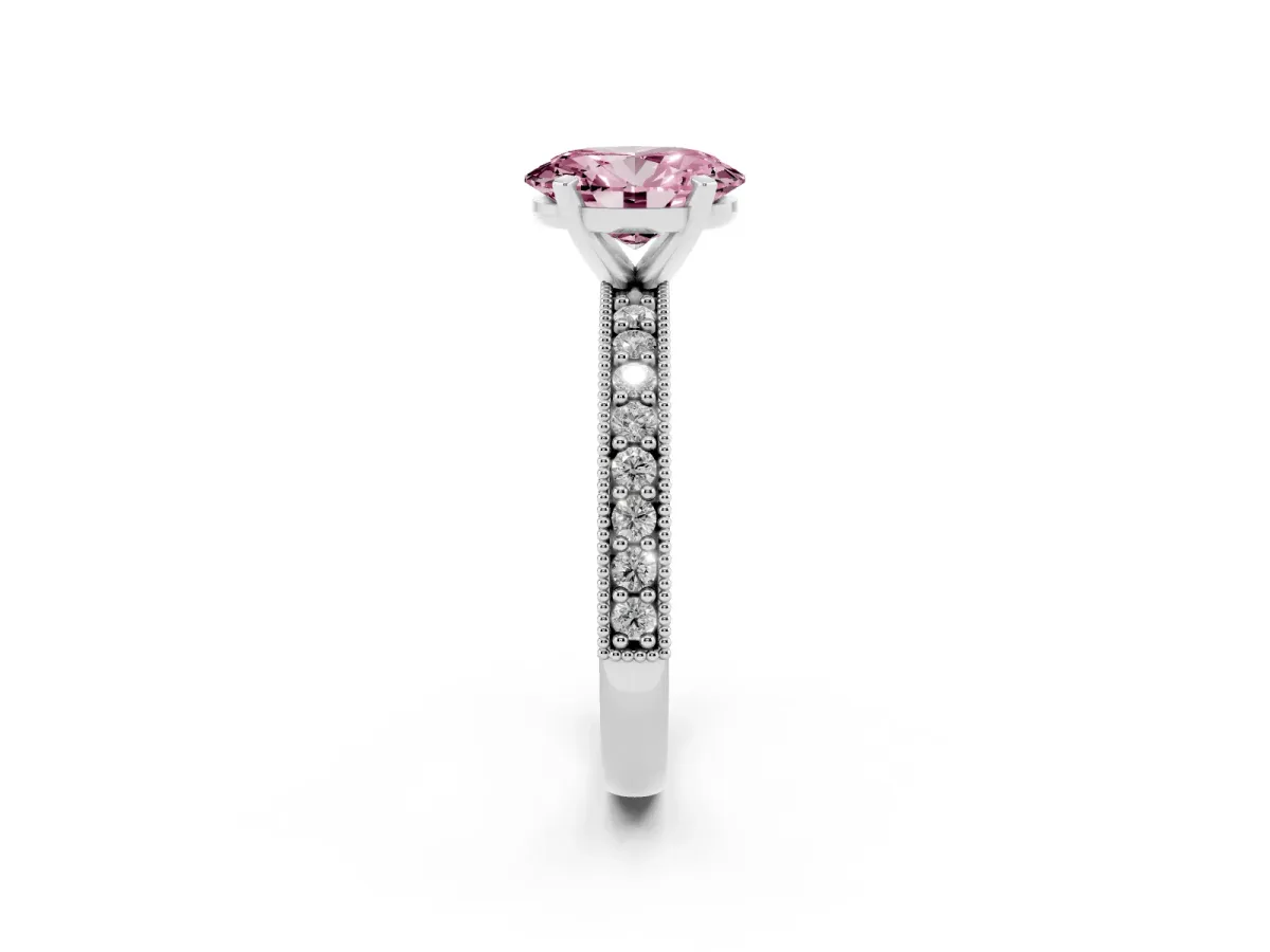 Fancy Pink Oval Cut Diamond Milgrain Pavé Engagement Ring with Four-Prong Setting Silver