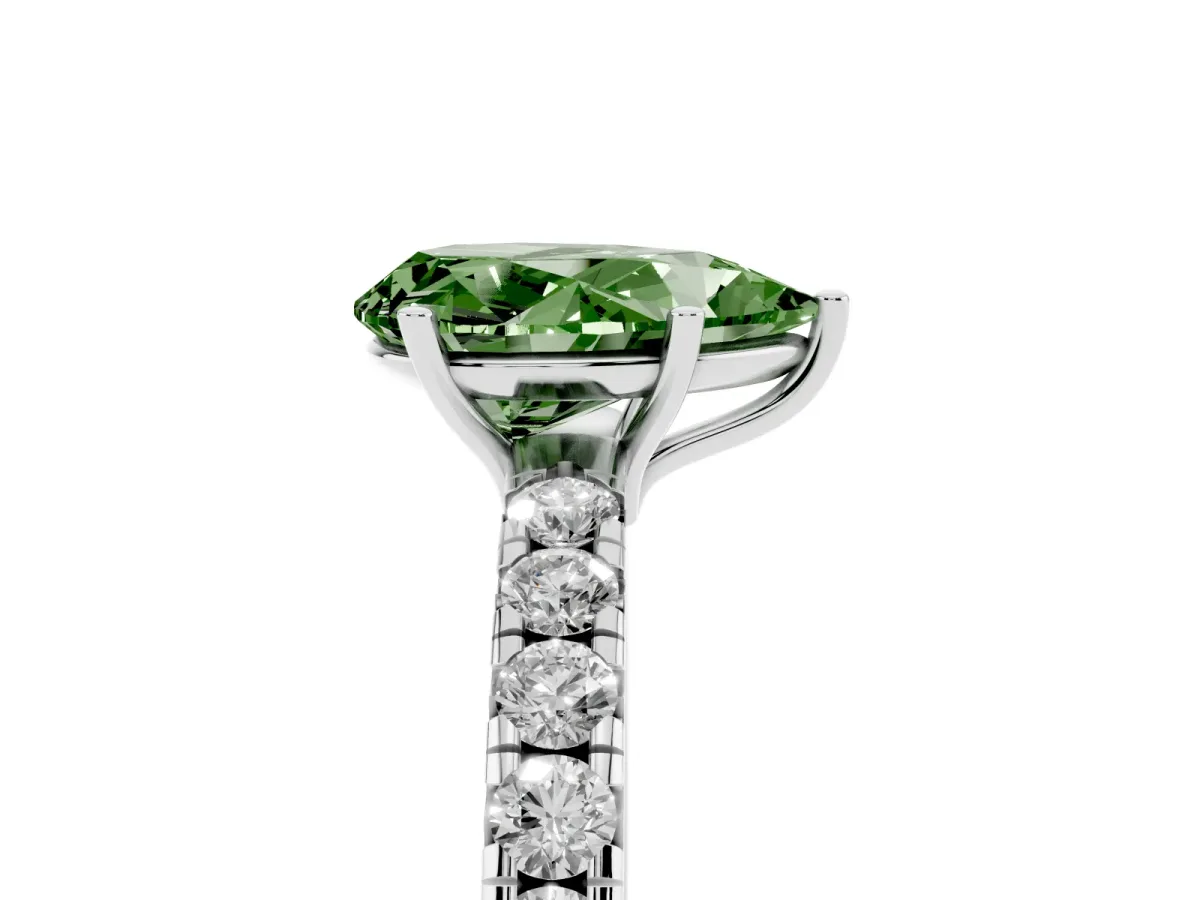 Fancy Green Pear Cut Diamond Pavé Solitaire Engagement Ring with Four-Prong Setting Silver