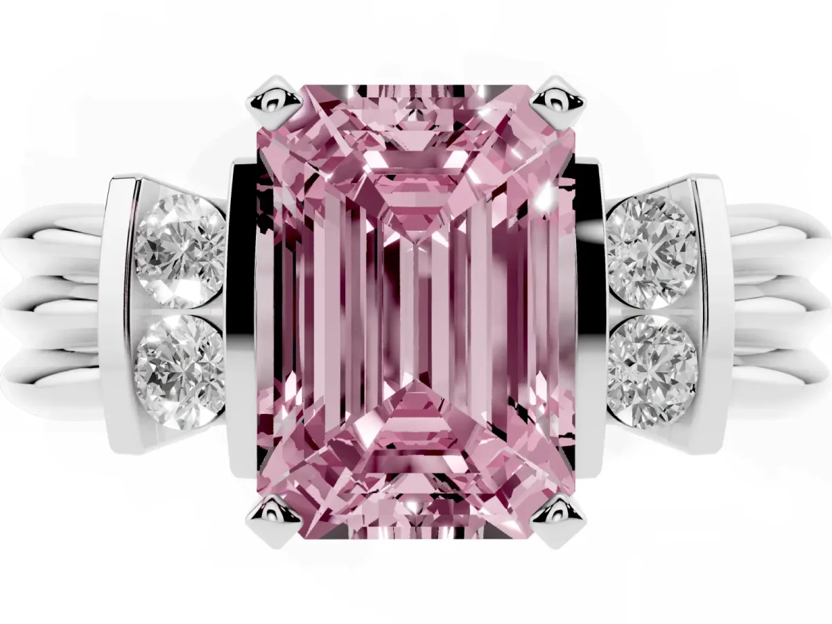 Fancy Pink Emerald Cut Cut Three-Stone Channel Set Ring with Bar Prongs Silver