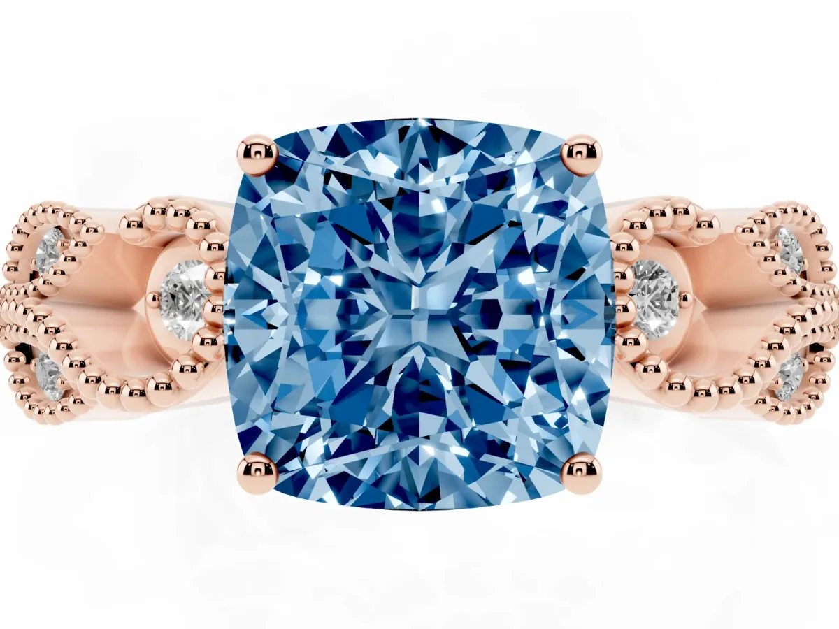 Fancy Blue Cushion Cut Solitaire Milgrain Leaf Band with Prong Setting Rose gold