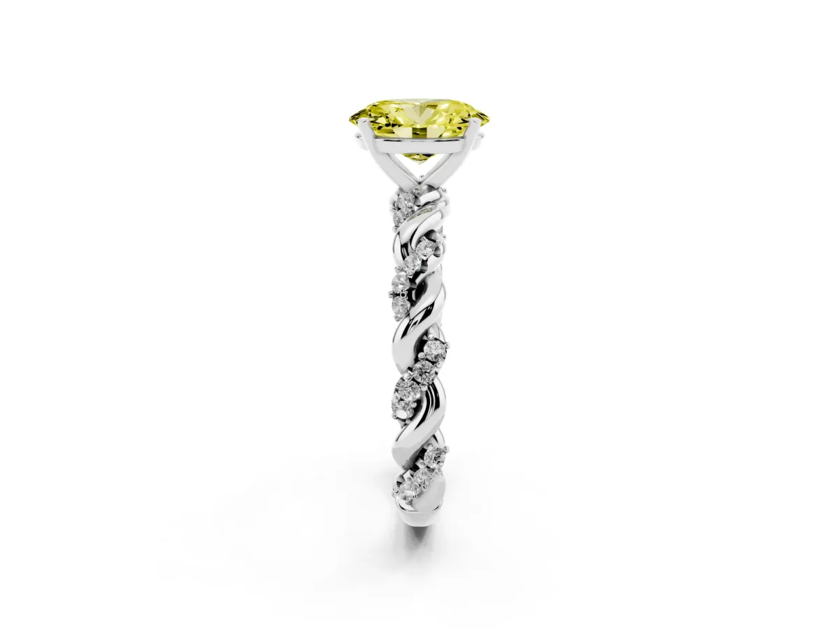 Fancy Yellow Oval Cut Diamond Solitaire Ring with Twisted Band and Pavé Accents White gold