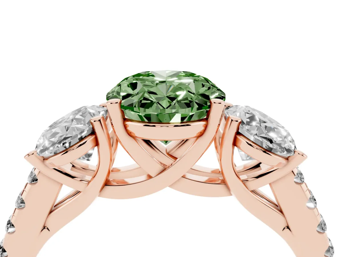 Fancy Green Three-Stone Oval Cut Diamond Ring with Round Pavé Band and Prong Setting Rose gold