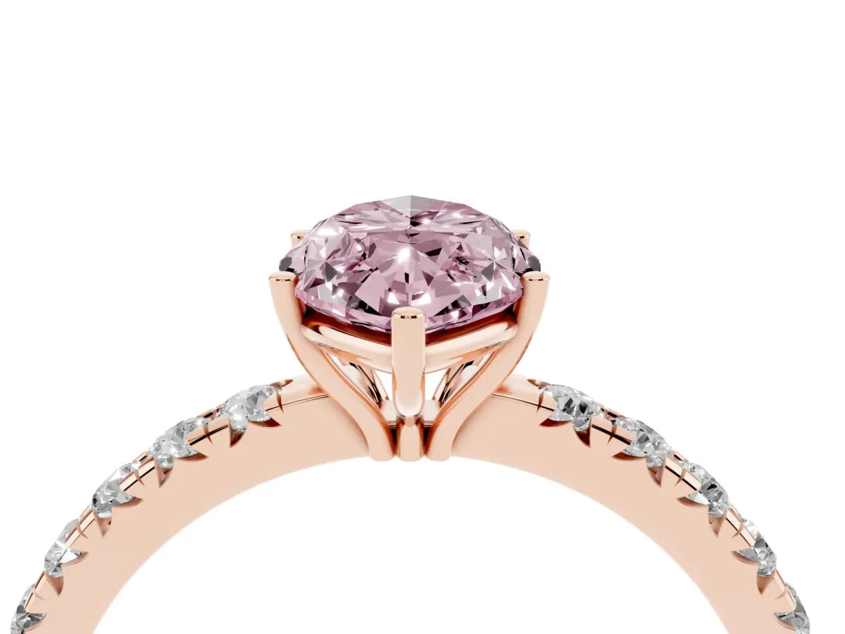 Fancy Pink Marquise Cut Diamond Pavé Solitaire Engagement Ring with Four-Prong Setting Rose gold