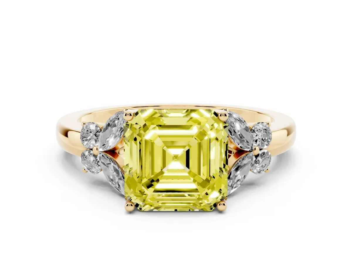 Fancy Yellow Asscher Cut Cut Solitaire Floral Diamond Ring with Four-Prong Setting Yellow gold