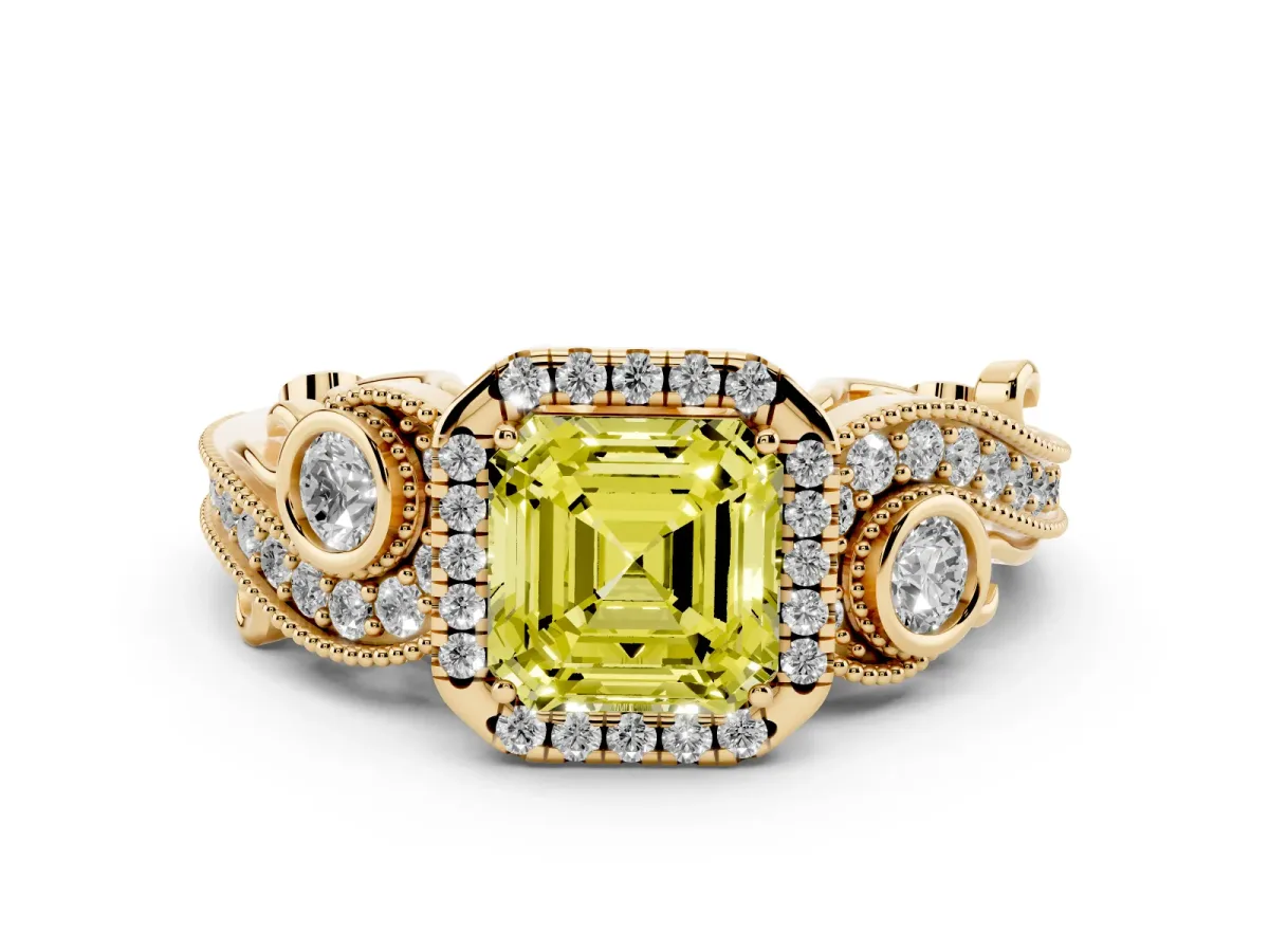 Fancy Yellow Asscher Cut Diamond Halo Ring with Milgrain Pavé Band and Four-Prong Setting Yellow gold