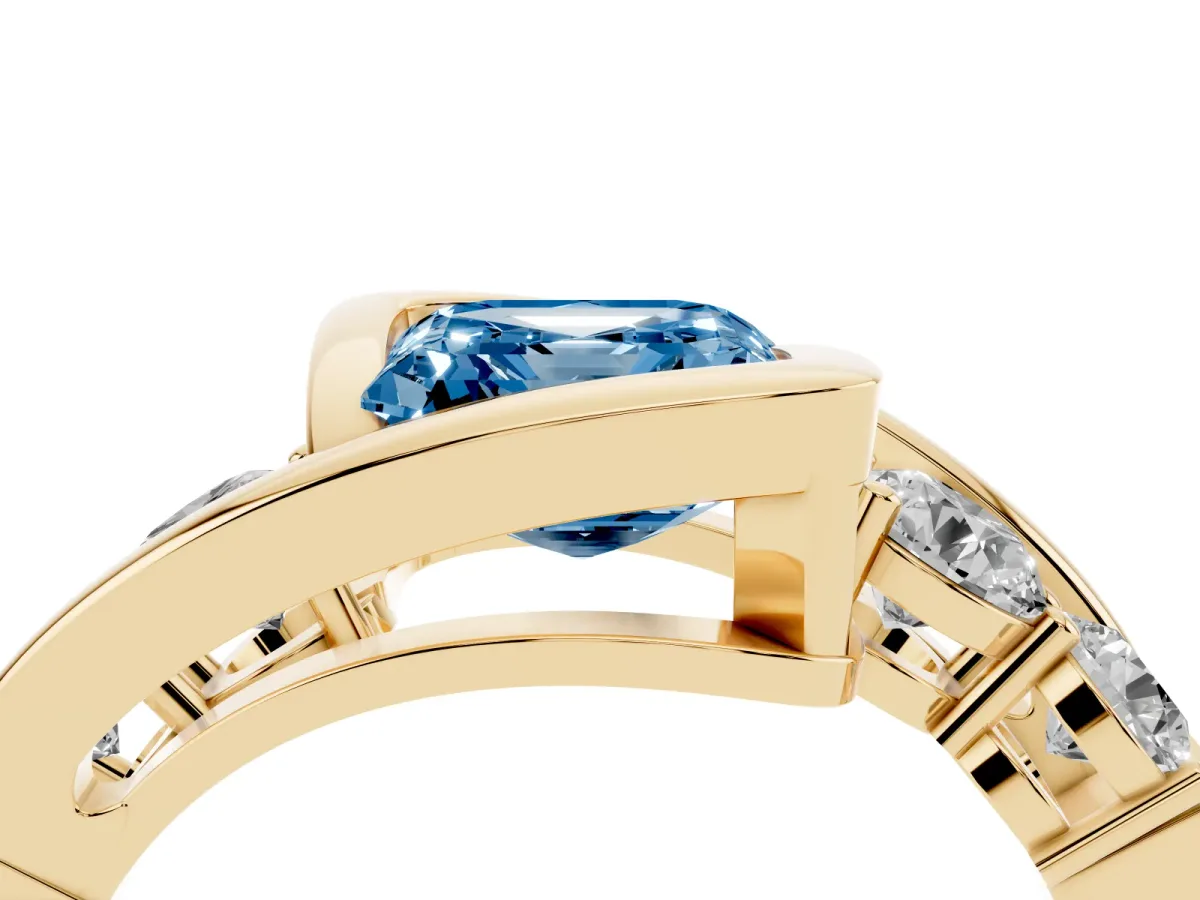 Fancy Blue Bezel Set Asscher Cut Diamond Bypass Ring with Round Accents Yellow gold