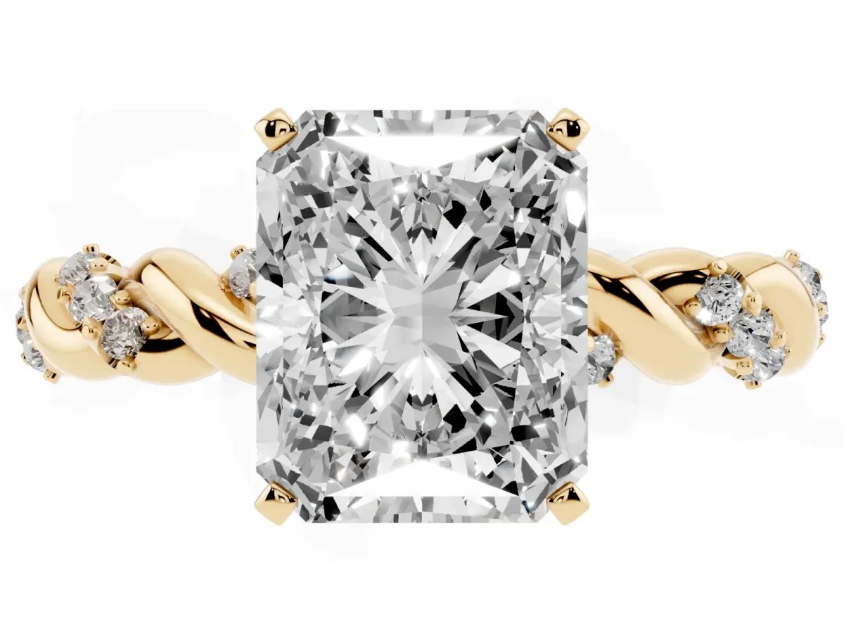 Radiant Cut Diamond Solitaire Ring with Twisted Band and Pavé Accents Yellow gold
