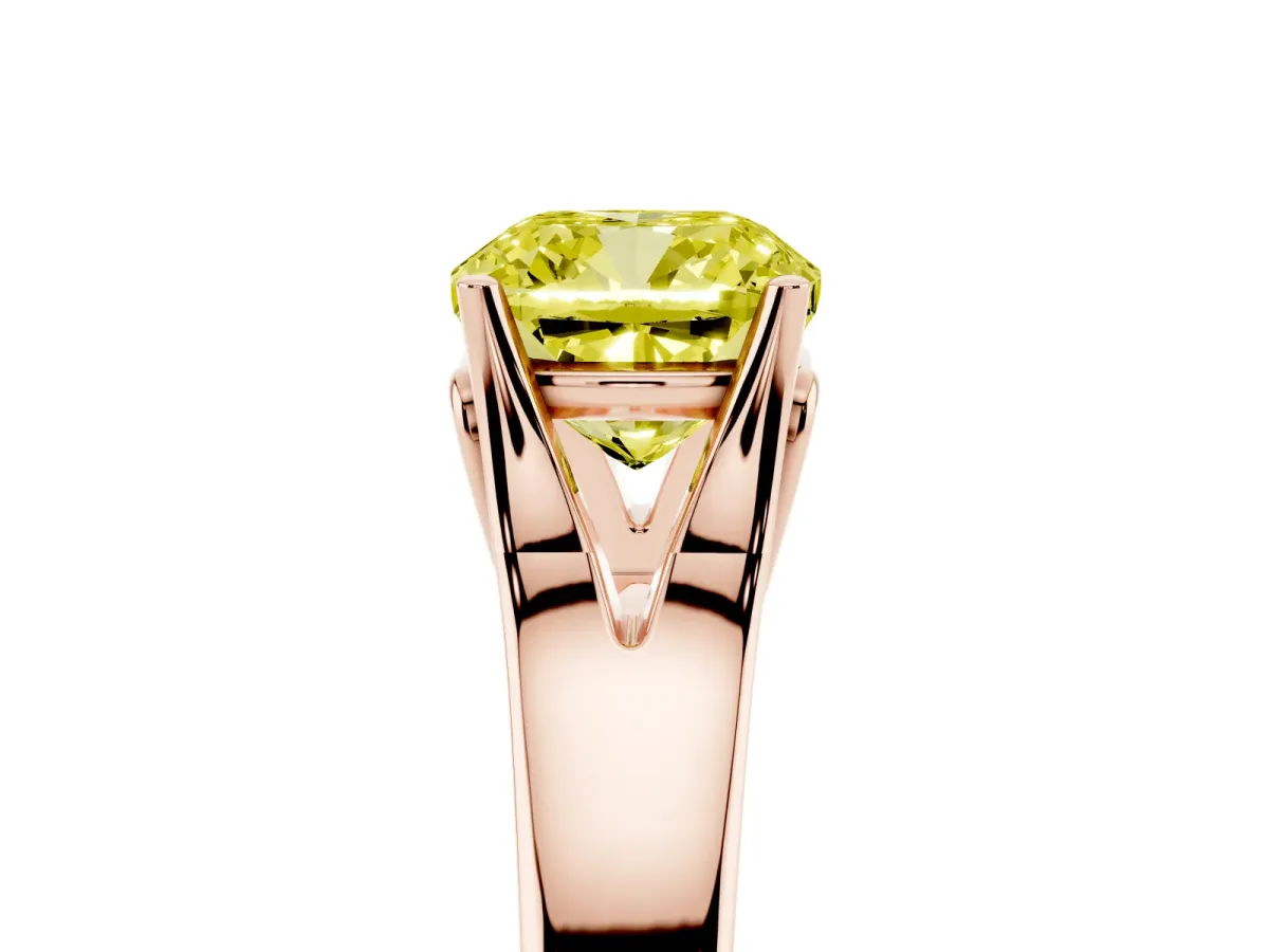 Fancy Yellow Cushion Cut Solitaire Diamond Ring with Cathedral Band and Four-Prong Setting Rose gold