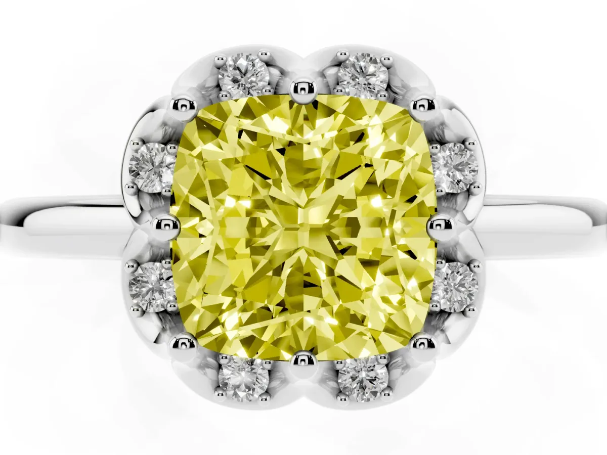 Fancy Yellow Cushion Cut Halo Diamond Ring with Round Cluster Setting, Solitaire Band, and Four-Prong Setting Platinum