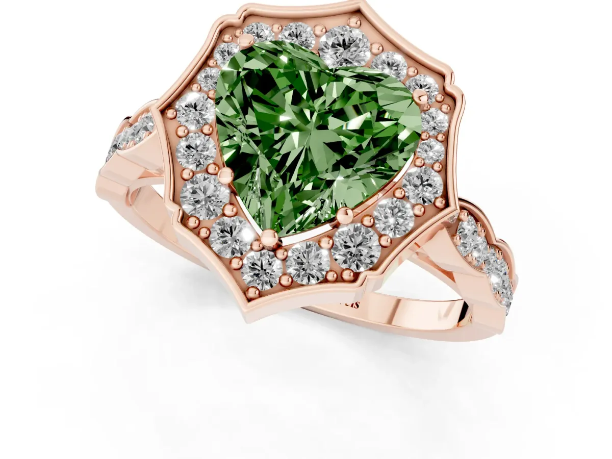 Fancy Green Heart Cut Halo Diamond Engagement Ring with Milgrain Band and Four-Prong Setting Rose gold