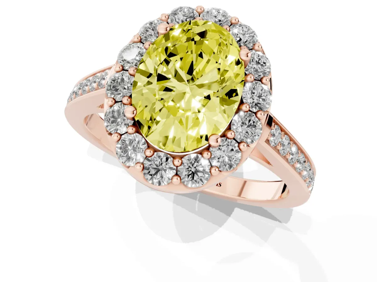 Fancy Yellow Oval Cut Diamond Floral Halo Ring with Pavé Band and Prong Setting Rose gold