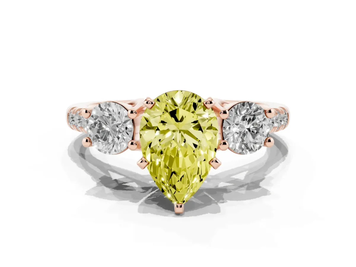 Fancy Yellow Three-Stone Pear Cut Diamond Pavé Band with Four-Prong Setting Rose gold