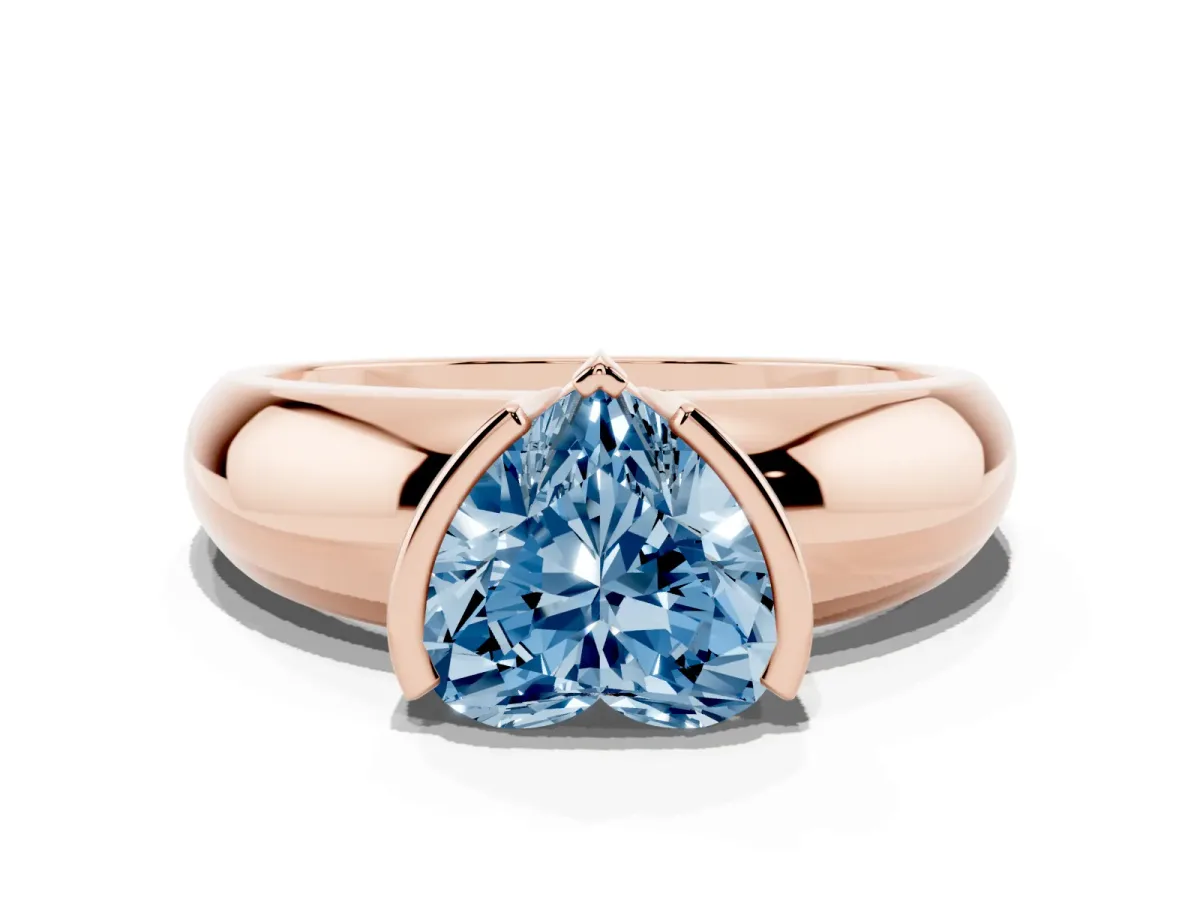 Fancy Blue Heart Cut Solitaire Tension Set Diamond Ring with Wide Band Rose gold
