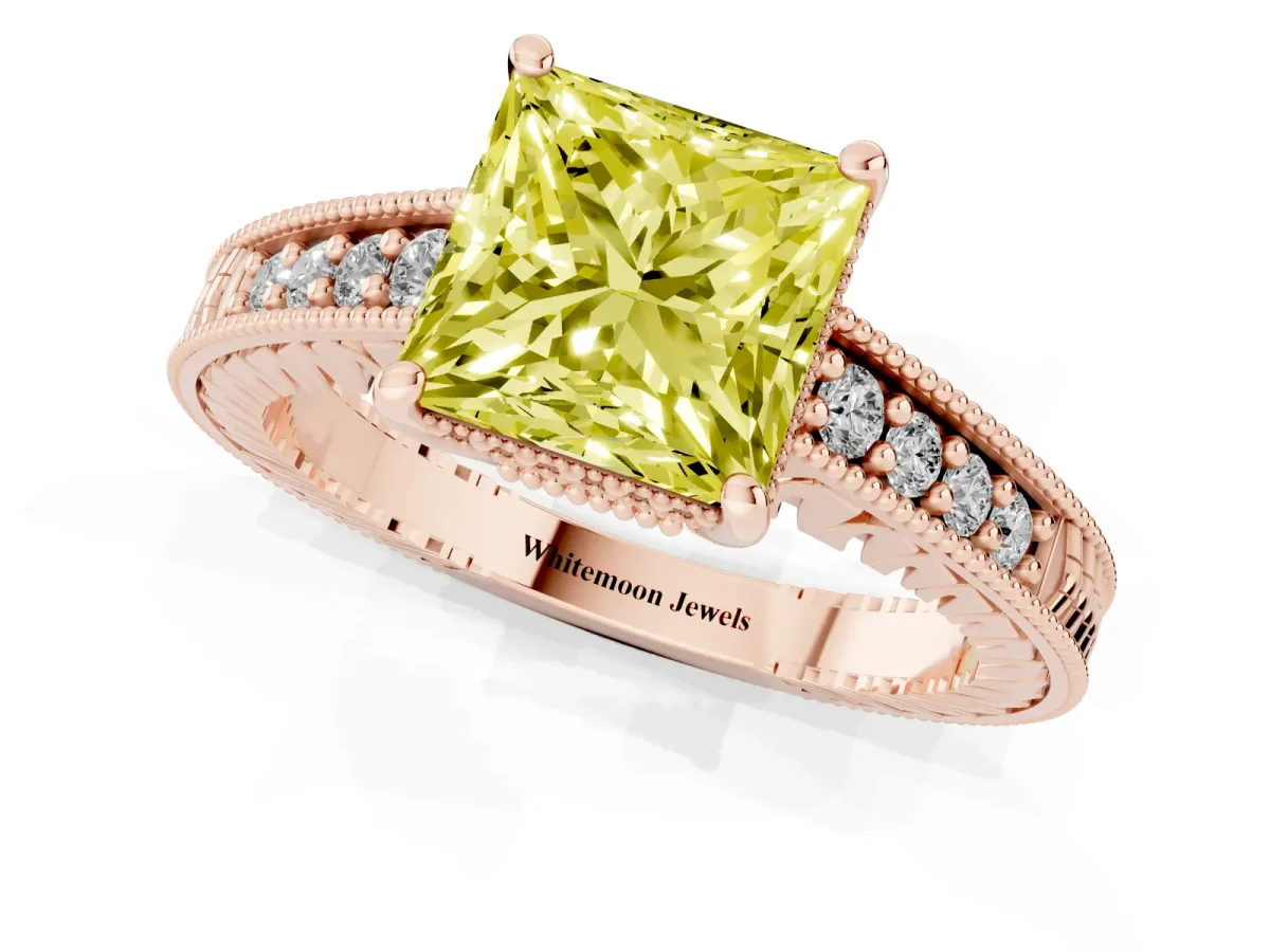 Fancy Yellow Princess Cut Solitaire Pavé Diamond Milgrain Engagement Ring with Four-Prong Setting Rose gold