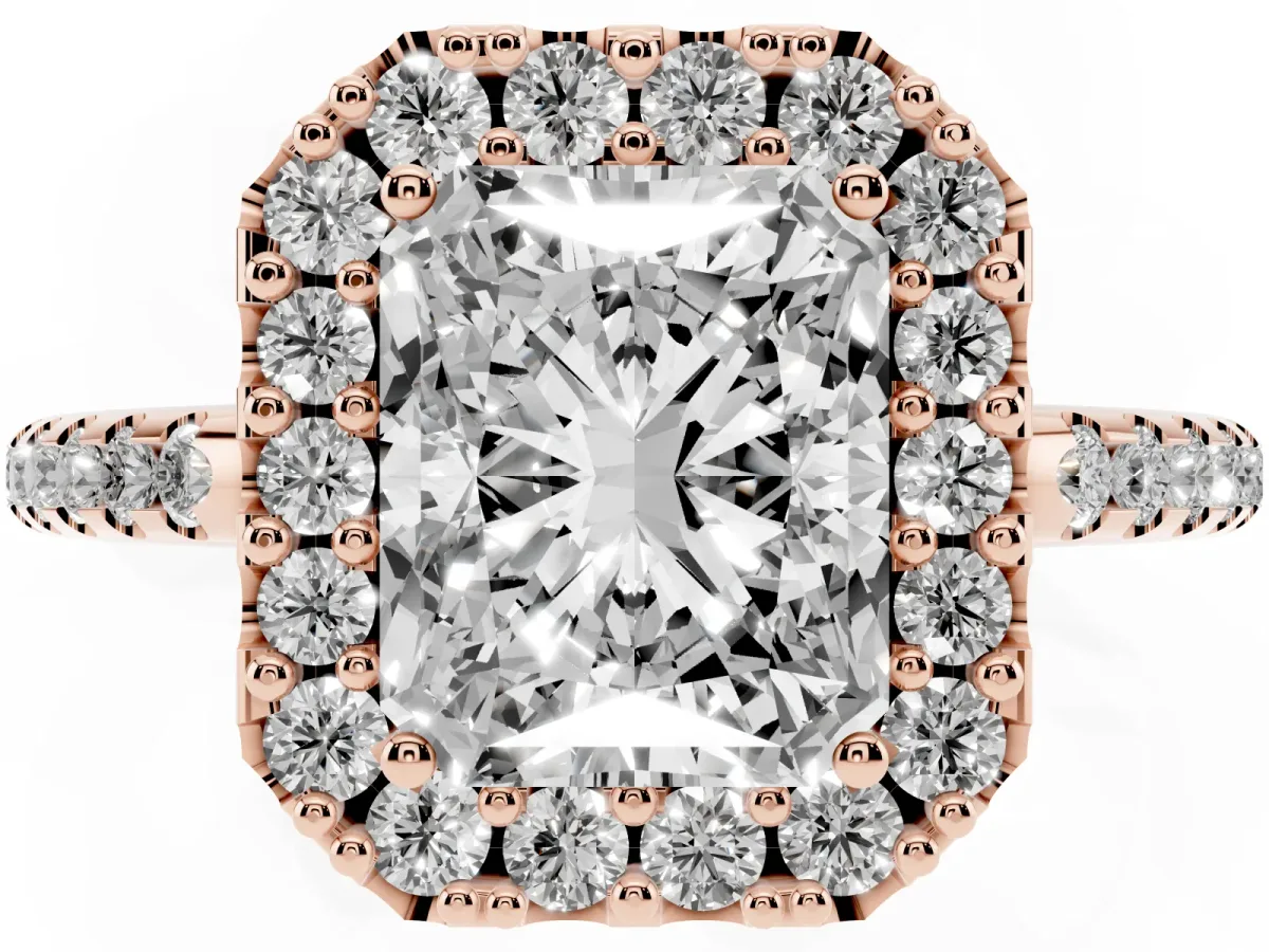 Radiant Cut Diamond Pavé Halo Ring with Four-Prong Setting Rose gold