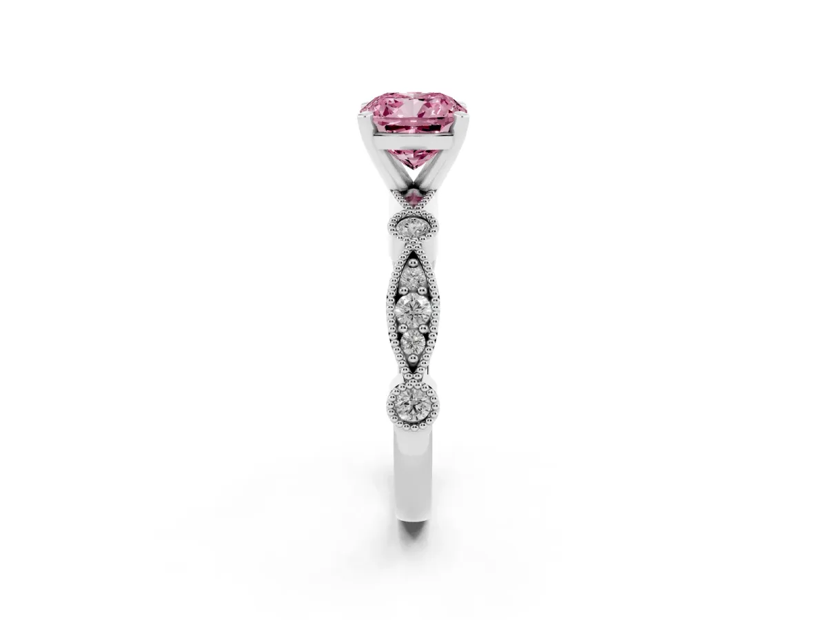 Fancy Pink Cushion Cut Milgrain Bezel Diamond Engagement Ring with Solitaire Prong Setting Silver