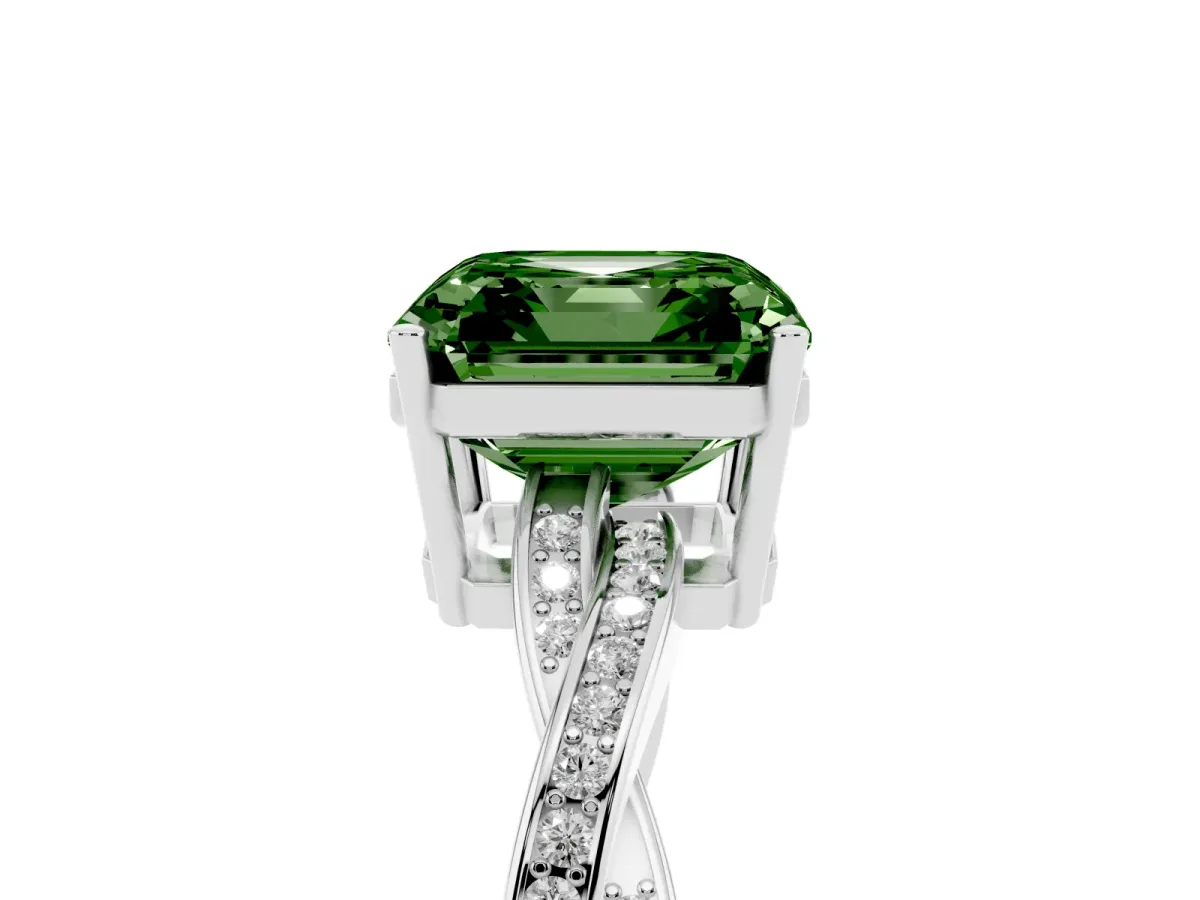 Fancy Green Asscher Cut Solitaire Twisted Pave Diamond Ring with Four-Prong Setting Silver