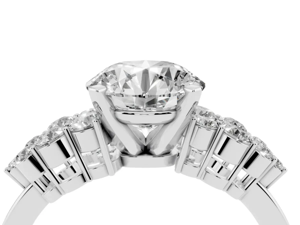 Round Cut Cluster Diamond Engagement Ring with Pavé Band and Four-Prong Setting Silver