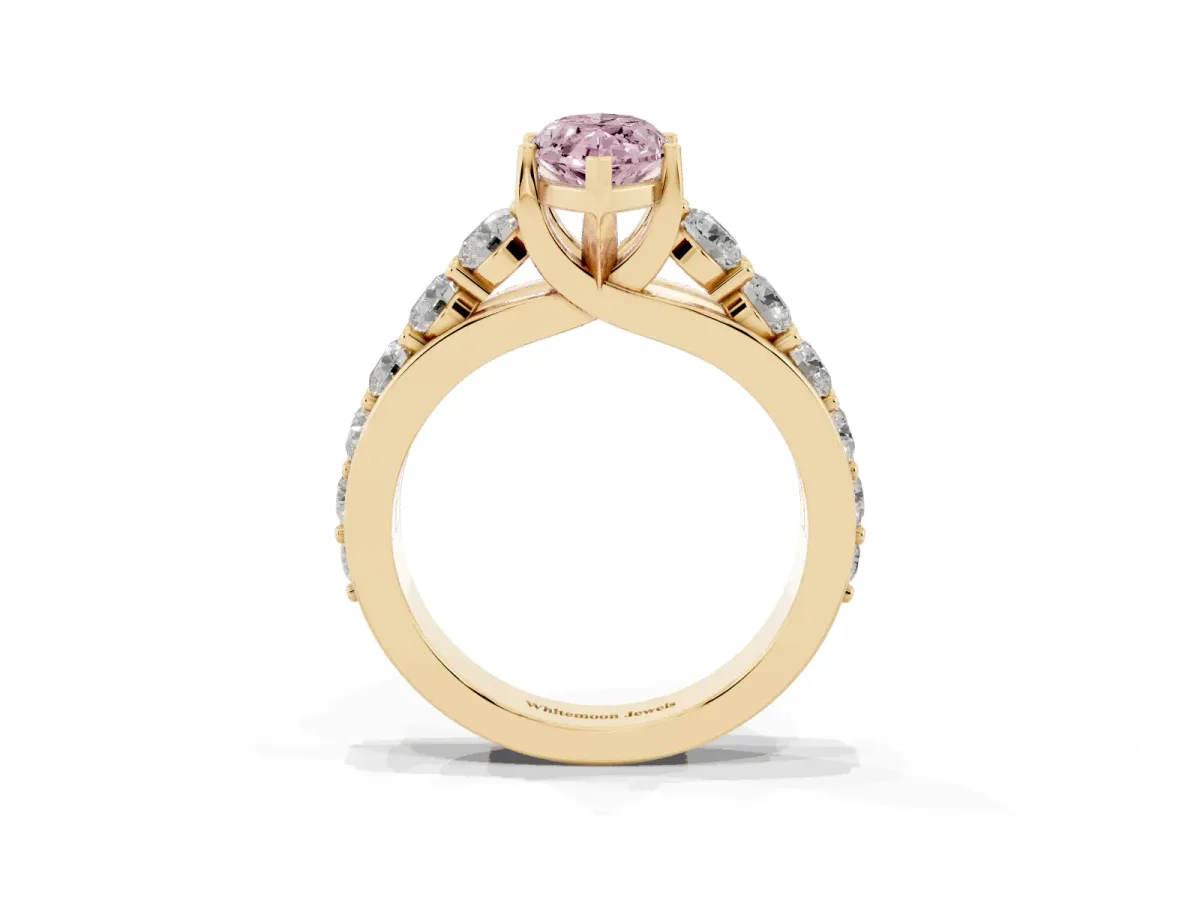 Fancy Pink Marquise Cut Diamond Engagement Ring with Pavé Band and Four-Prong Setting Yellow gold