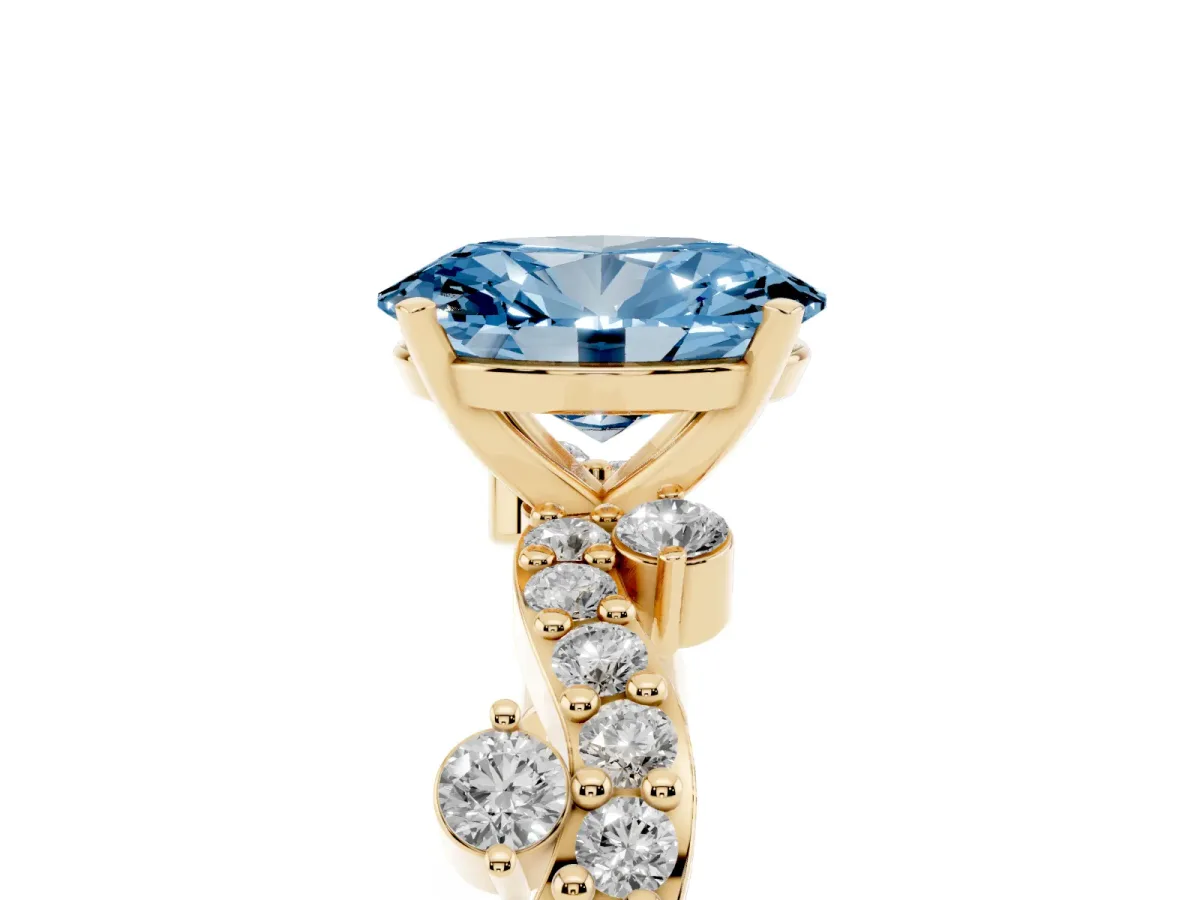 Fancy Blue Oval Cut Cut Solitaire Diamond Twisted Band with Pave Setting Yellow gold