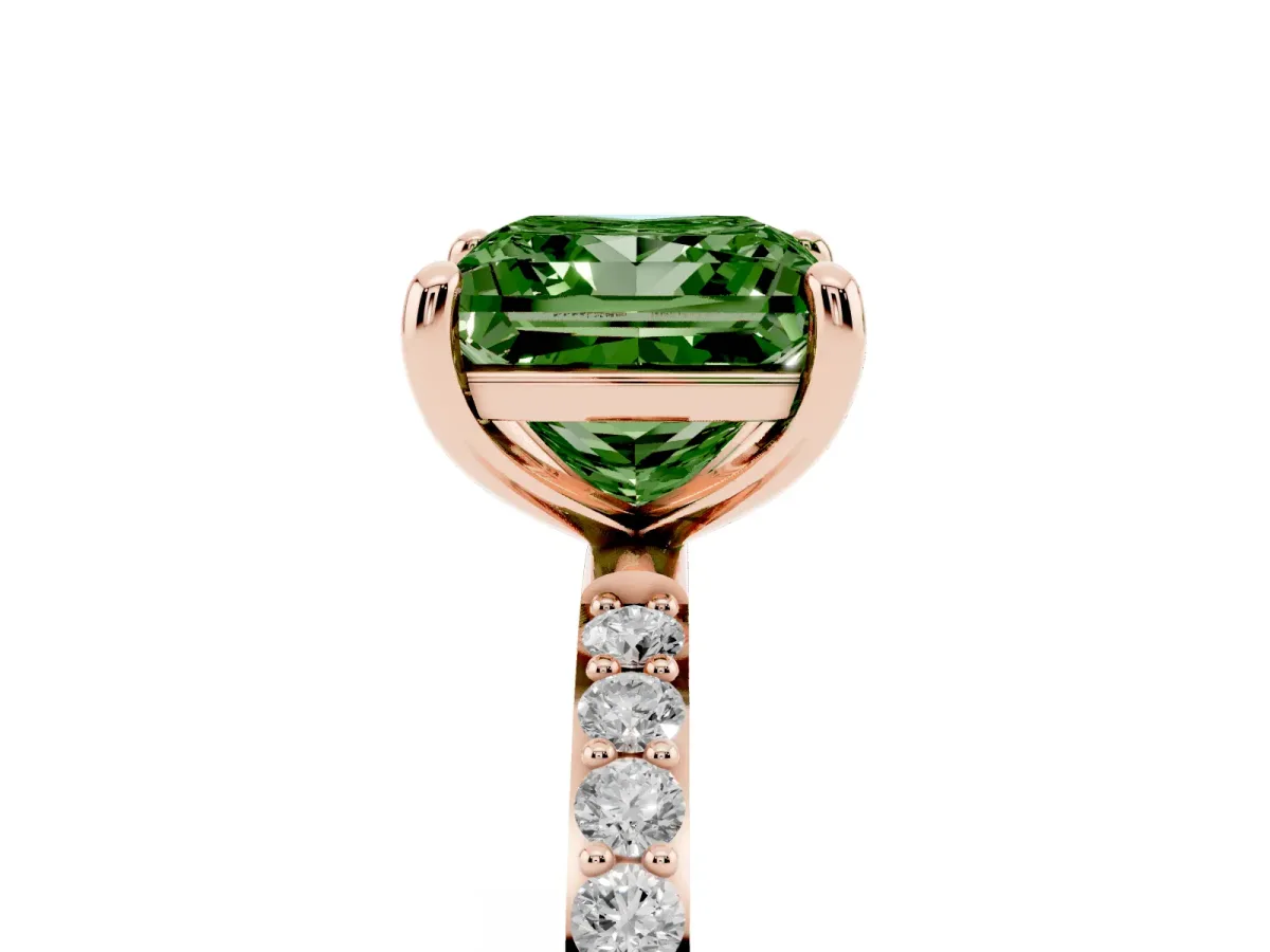 Fancy Green Princess Cut Diamond Solitaire Ring with Round Pavé Band and Prong Setting Rose gold