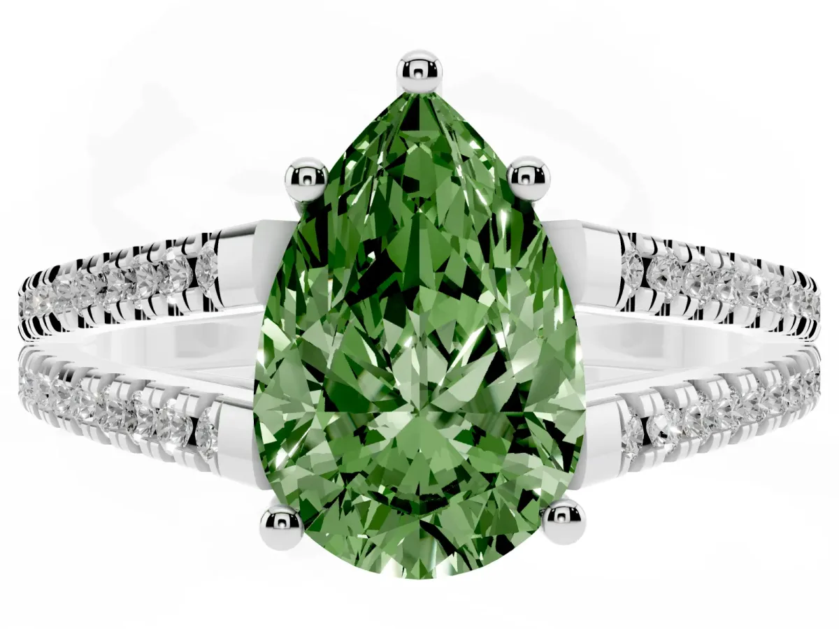 Fancy Green Pear Cut Diamond Solitaire Engagement Ring with Split Shank Pavé Band Platinum