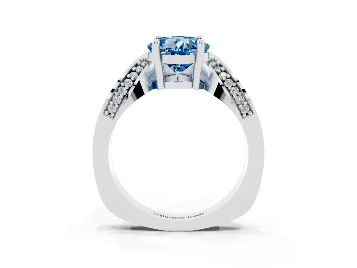 Fancy Blue Cushion Cut Solitaire Diamond Engagement Ring with Pave Band and Four-Prong Setting Platinum