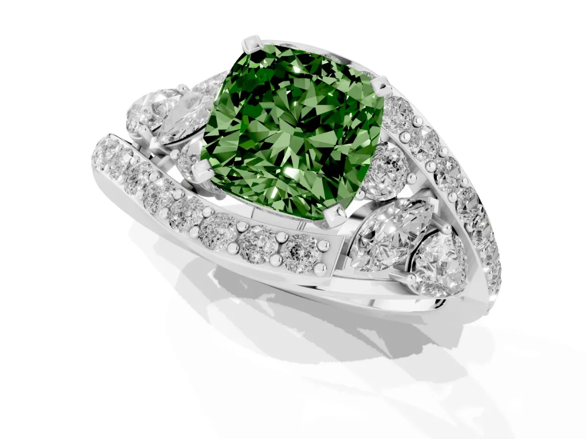 Fancy Green Cushion Cut Diamond Halo Ring with Marquise and Pavé Band in Prong Setting Silver