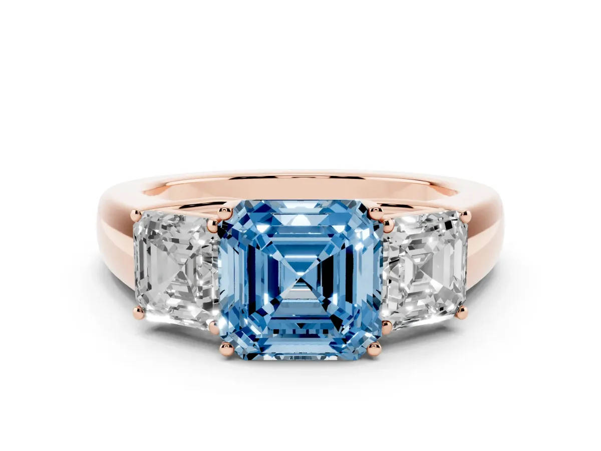 Fancy Blue Three-Stone Asscher Cut Cut Diamond Ring with Prong Setting and Classic Band Rose gold