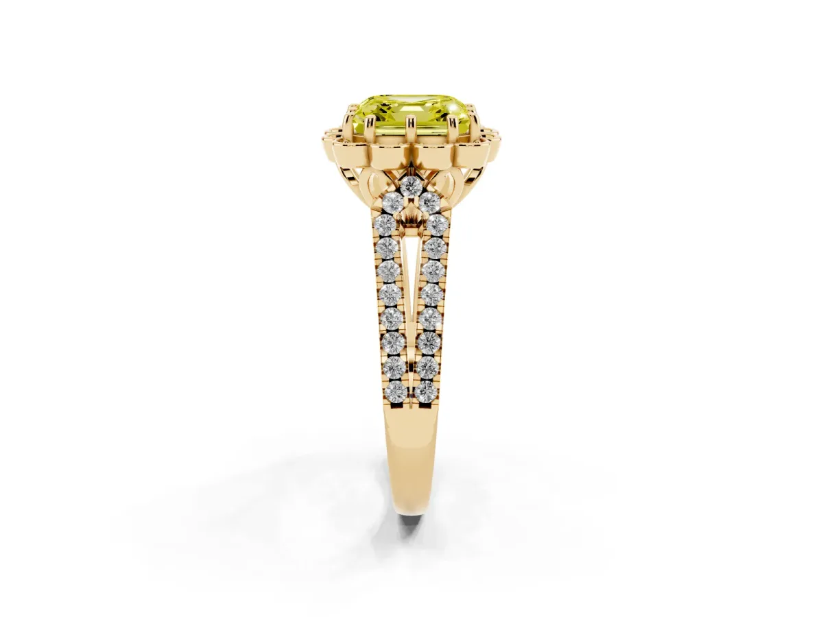 Fancy Yellow Asscher Cut Halo Diamond Floral Split Shank Engagement Ring Yellow gold
